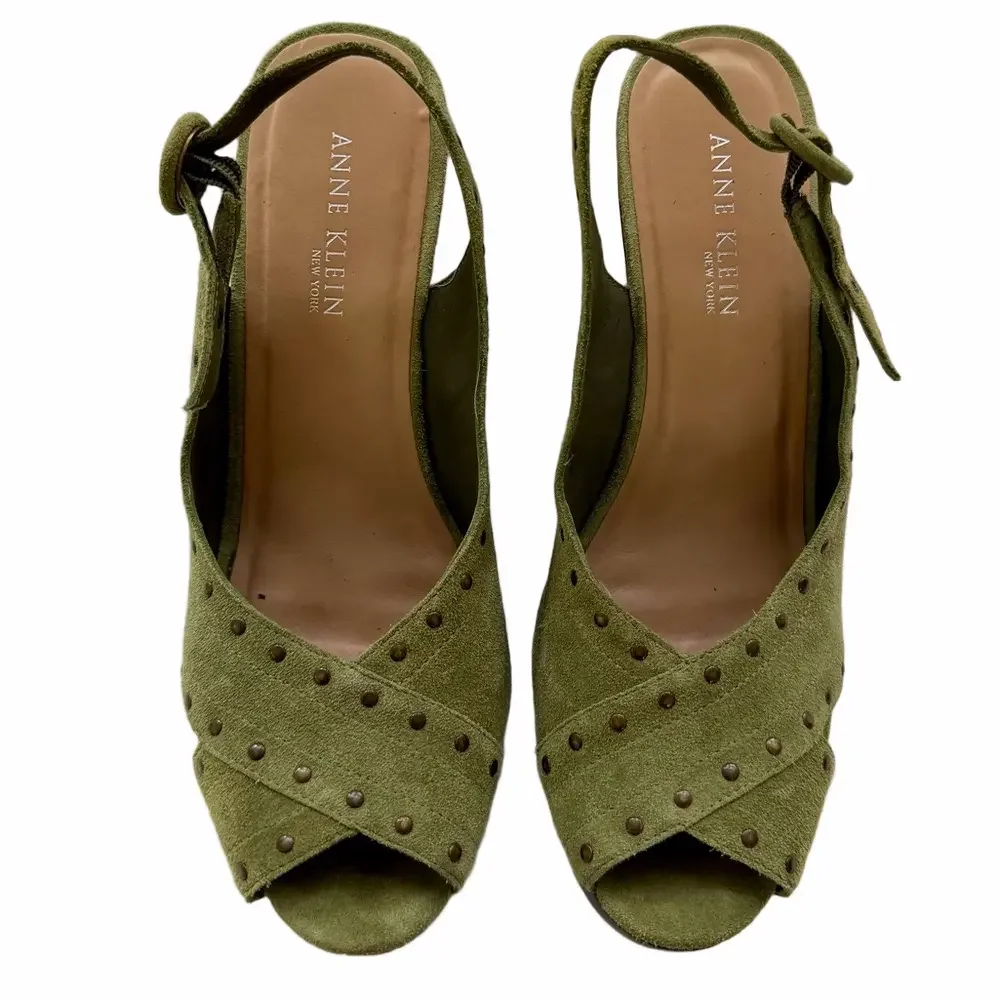 Vintage Anne Klein NY Suede Size 10 Olive Green Studded Wedge High Heel Sandals
